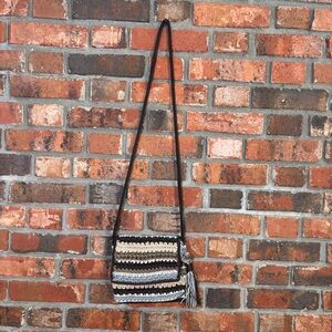 The Sak womens crochet woven striped tassel boho crossbody bag brown/tan